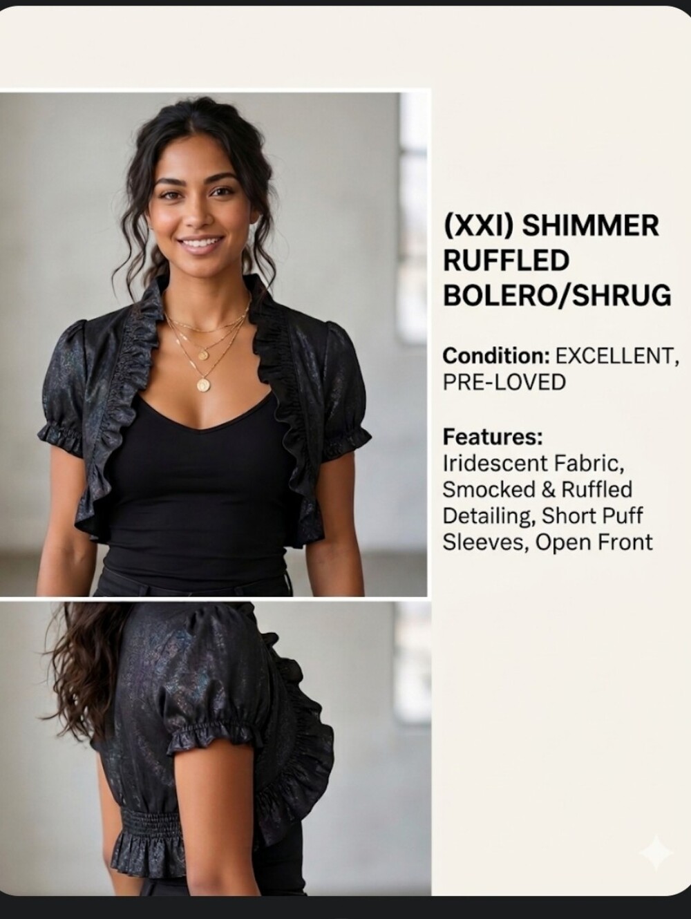 Forever 21 Iridescent Black Ruffled Bolero Shrug